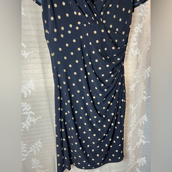 Lauren Ralph Lauren Polka Dot Midi Dress Ruched Wrap Style Navy Size 12 - Picture 4 of 11